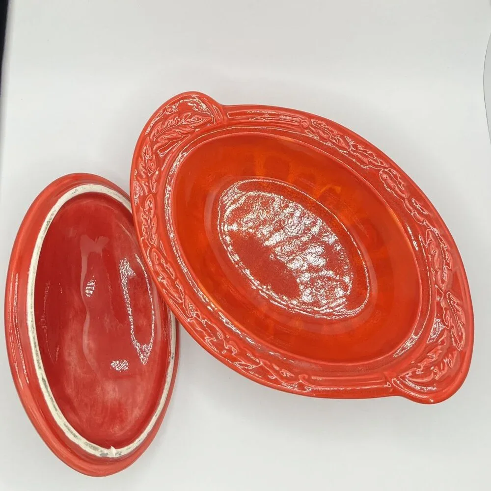 Vintage California USA Pottery Oval Red Glazed Casserole Serving Dish 2936 w/Lid